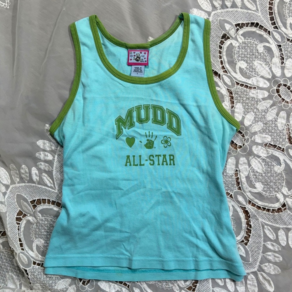 Vintage Y2K Mudd All-Star Graphic Ringer Tank Top Blue Green L